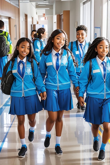 A group of students in their new uniforms smiling and laughing as they take a selfie in front of the