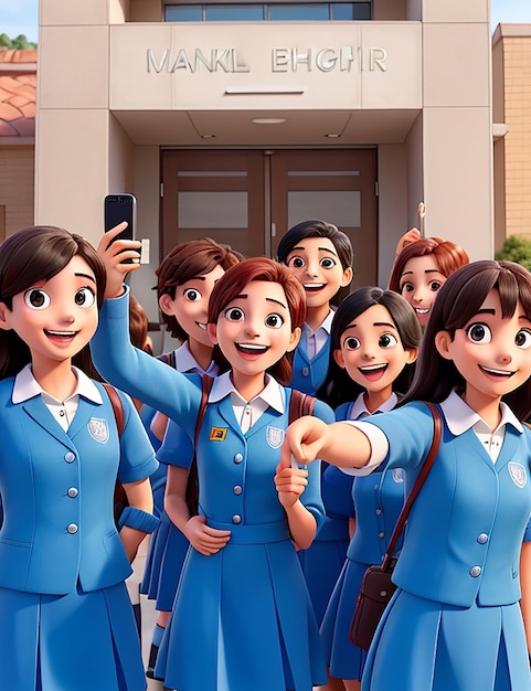 A group of students in their new uniforms smiling and laughing as they take a selfie in front of the