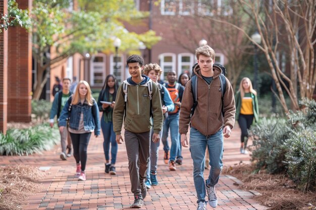 Photo a group of students walking down a brick walkway