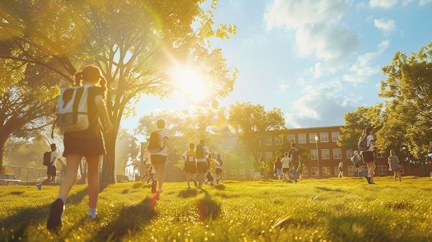 a group of students walking in a field with the sun shining through the trees