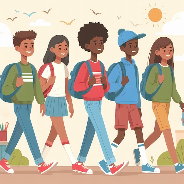 Group of Students walking to school with backpacks flat style illustration