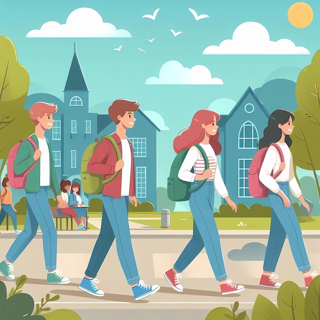 Group of Students walking to school with backpacks flat style illustration