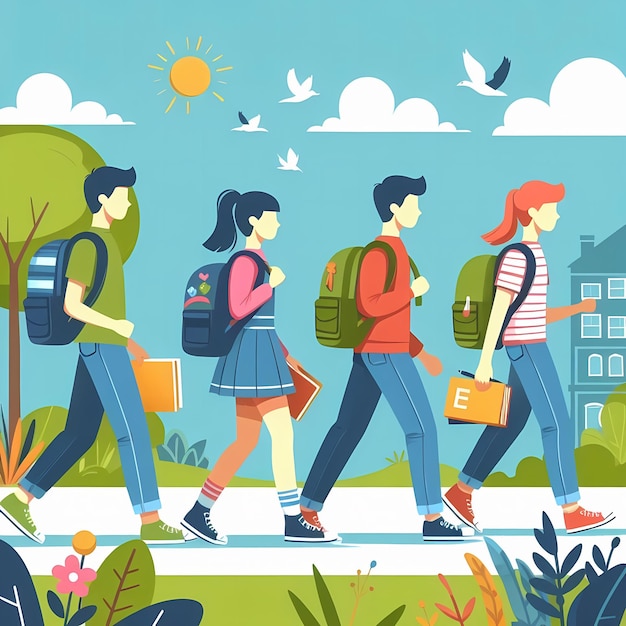 Group of Students walking to school with backpacks flat style illustration