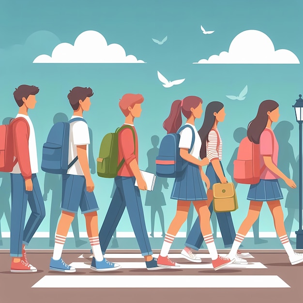 Group of Students walking to school with backpacks flat style illustration