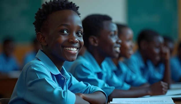 a group of students wearing blue uniforms sit in a row with other students in blue uniforms