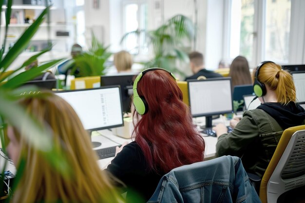 Photo a group of students wearing headphones sitting at desk with computer in eco friendly classroom