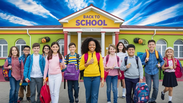 a group of students with backpacks and backpacks in front of a sign that says back to back