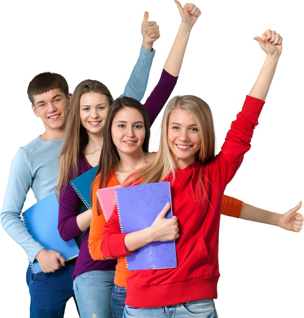 Group of students with books isolated over a white background