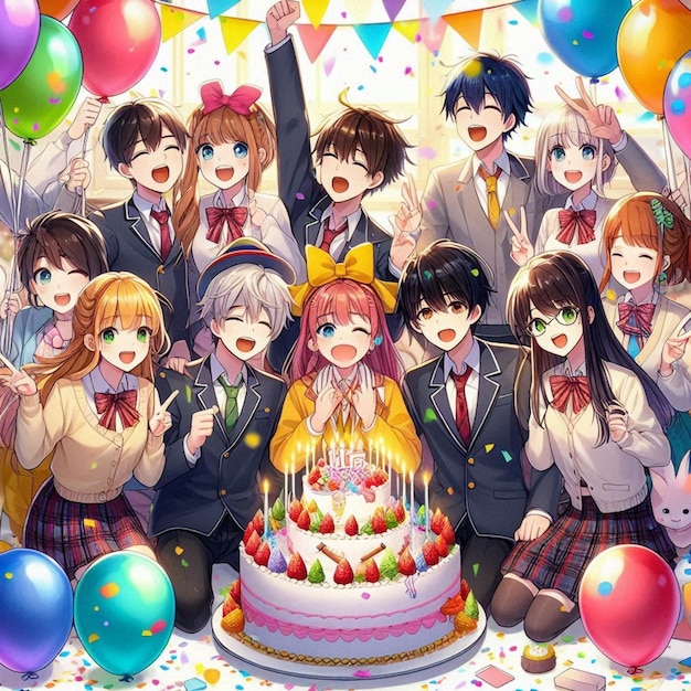 a group of students with a cake that says anime