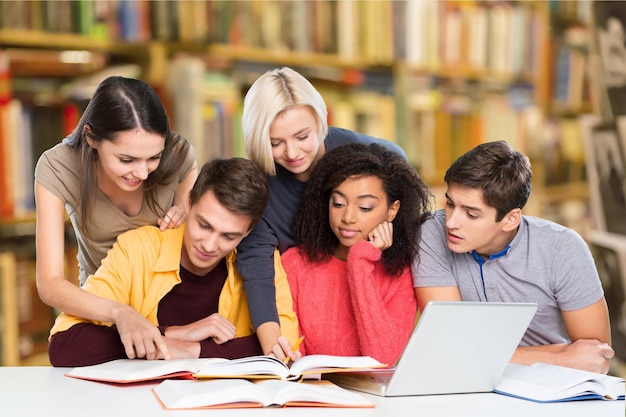 Group of Students with computer at lesson in classroom