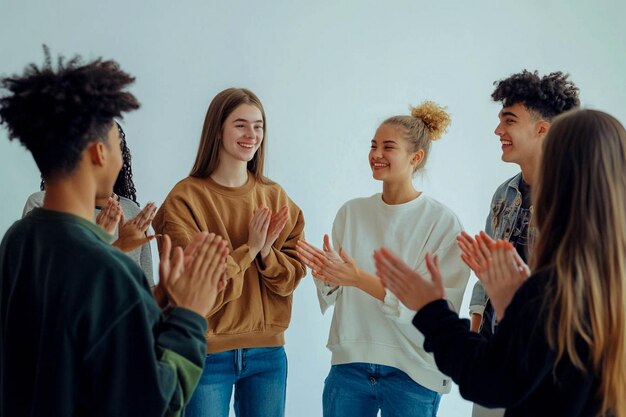 Photo a group of students with their hands in the air