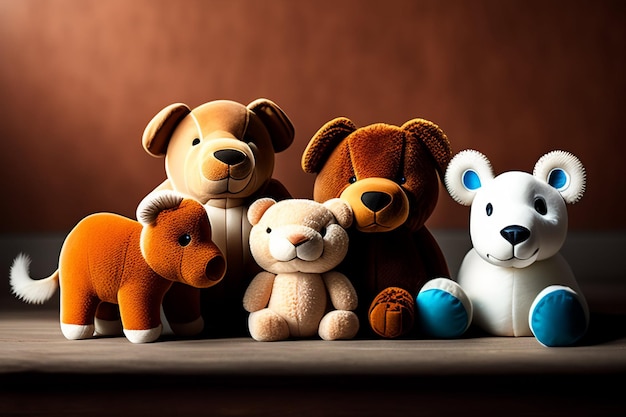 A group of stuffed animals are sitting on a table.