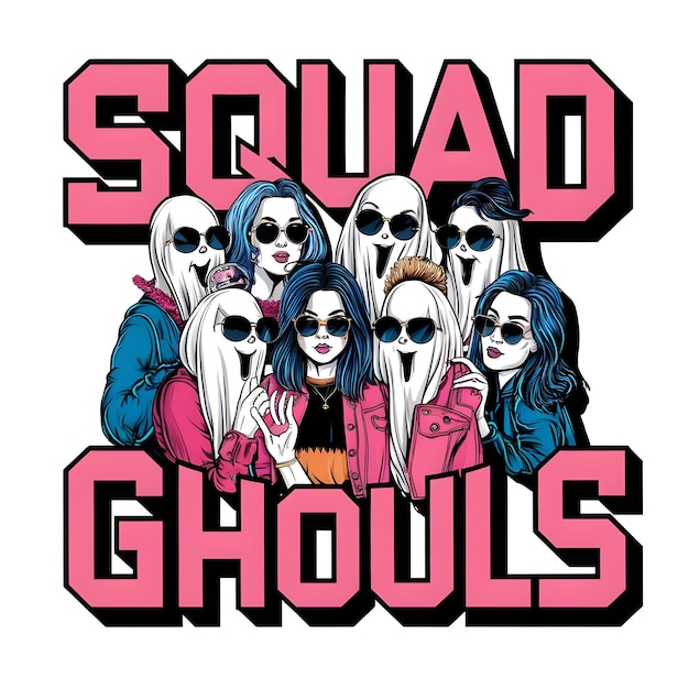 A group of stylish ghosts in sunglasses with the words Squad Ghouls