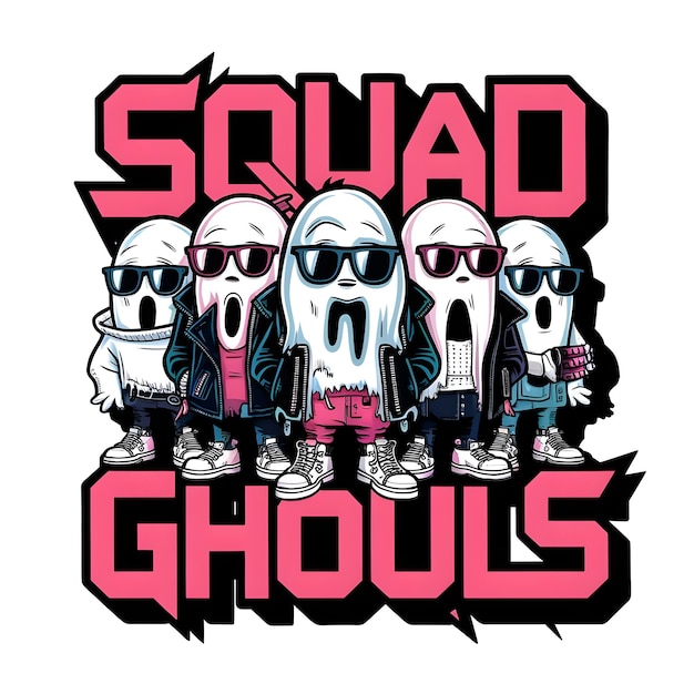 A group of stylish ghosts in sunglasses with the words Squad Ghouls