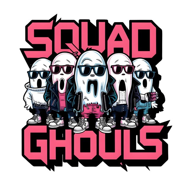 Photo a group of stylish ghosts in sunglasses with the words squad ghouls