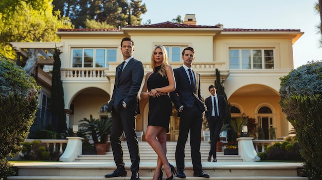 Group of Stylish Individuals Posing Confidently in Front of Elegant Mansion on a Sunny Day