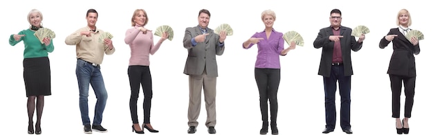 Group of successful business people with money isolated