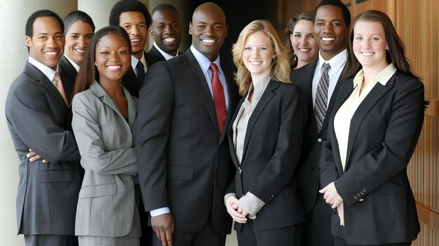 A group of successful business professionals posing together in a modern office They are all smiling and wearing suits or formal business attire