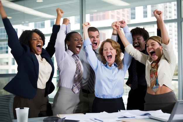 Group of successful happy business people in office celebrating Generative AI