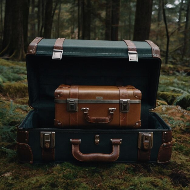 Photo a group of suitcases are on the ground in the forest