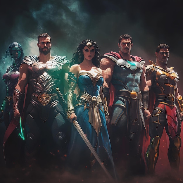 Photo a group of superheroes are standing together in a dark room