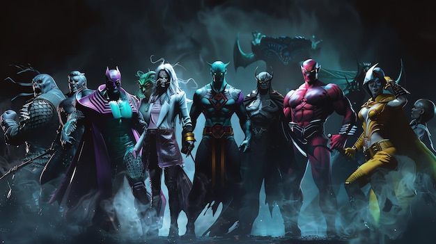 A group of superheroes in a dark and moody setting