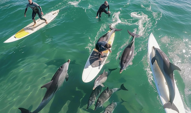 Photo a group of surfers are riding a wave with dolphins