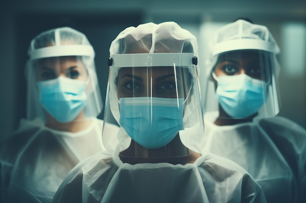 Group of surgeons at work in operating theater toned in blue