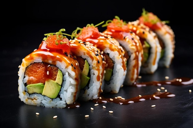 a group of sushi rolls with sesame seeds on them