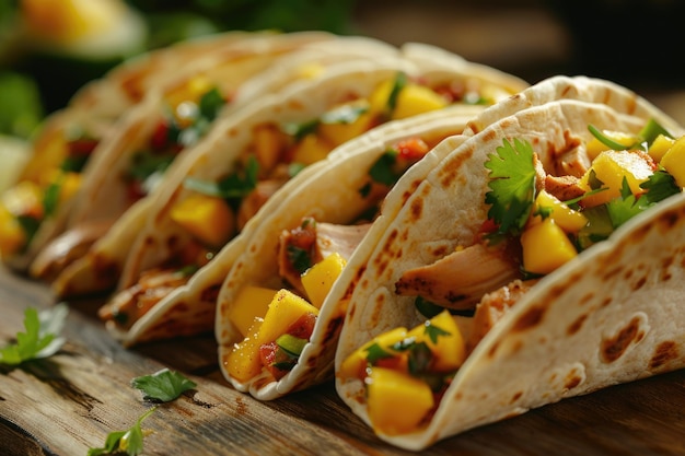 A group of tacos with a variety of toppings including mango and cilantro