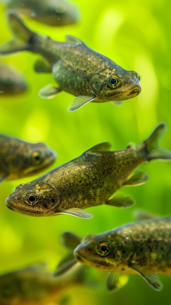 Photo group of tadpoles swimming in shallow water aquatic