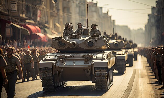 Photo group of tanks drive down city street