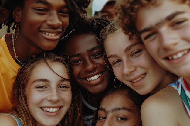 Group of teenage boys and girls smiling and having fun together