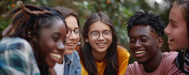 Group of teenage friends laughing and enjoying their time together outdoors