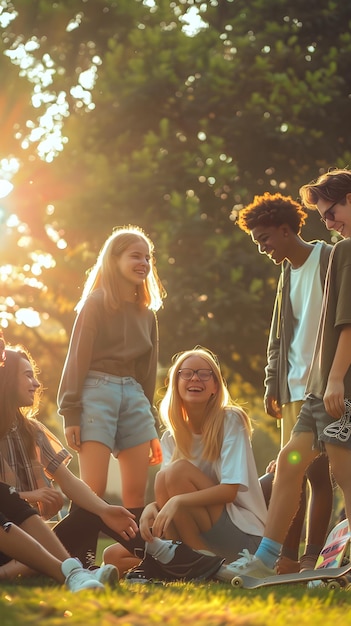 Group of Teenagers Connecting in a Park during Golden Hour Embracing the Joy and Complexity of Adol