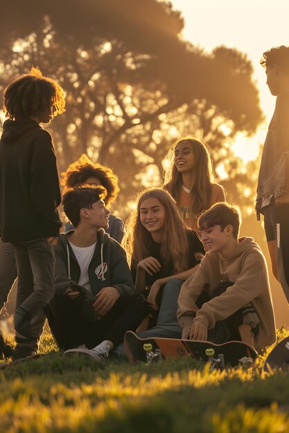 Group of Teenagers Connecting in a Park during Golden Hour Embracing the Joy and Complexity of Adol