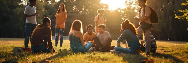 Group of Teenagers Connecting in a Park during Golden Hour Embracing the Joy and Complexity of Adol