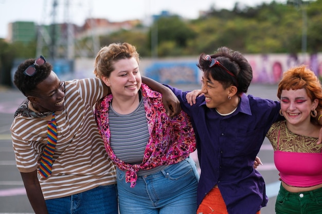 Group of teenagers of different ethnicities in colorful