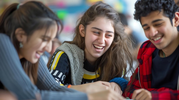 A group of teenagers laugh and smile while sitting together