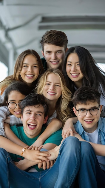 Group of teenagers piled up