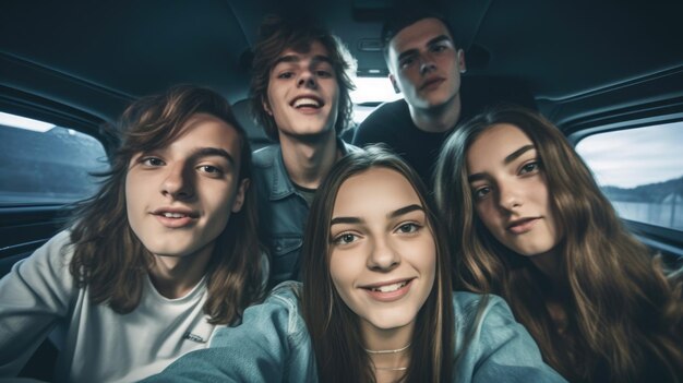 Group Of Teenagers Taking A Selfie While Traveling Background Illustration