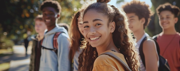 Group of teenagers walk outdoors on a sunny day with a girl smiling in the foreground