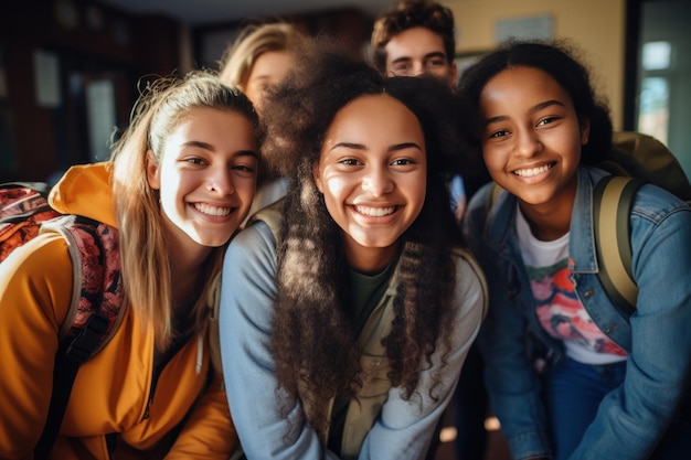 A group of teenagers with backpacks in happy style back to school