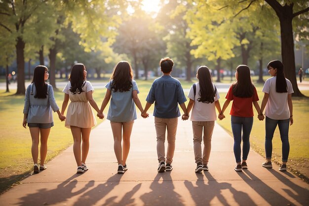 Group of ten friends at the park holding hands