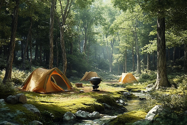 a group of tents are in a forest with trees in the background