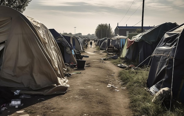 A group of tents are lined up in a dirt road