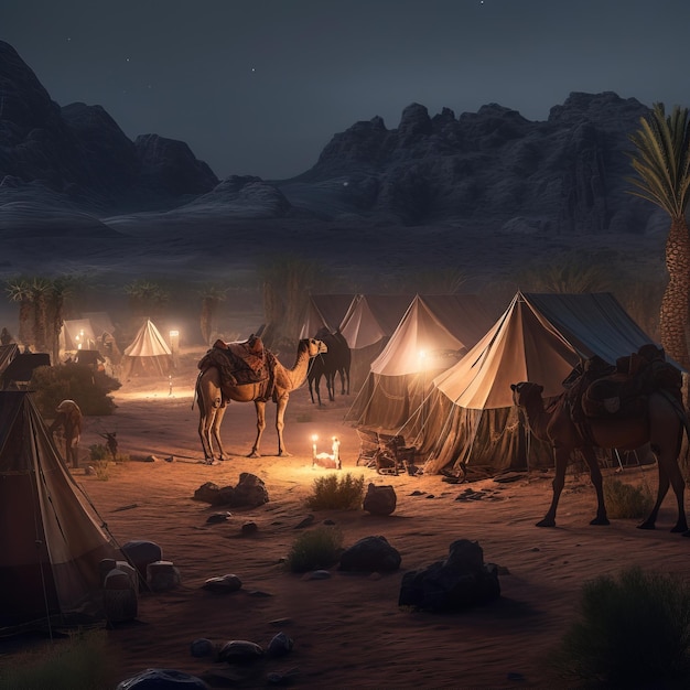 A group of tents are lit up at night with a camel in front of them.