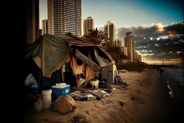 Group of tents sitting on top of a sandy beach generative ai