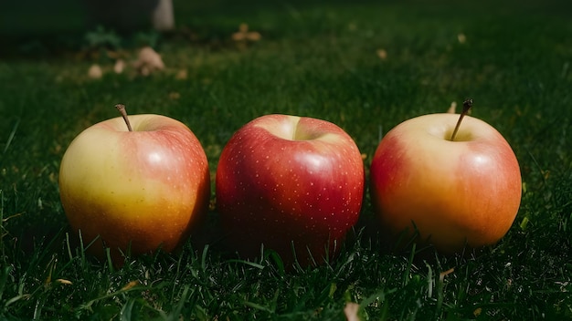 Photo a group of three apples sitting next to each othe