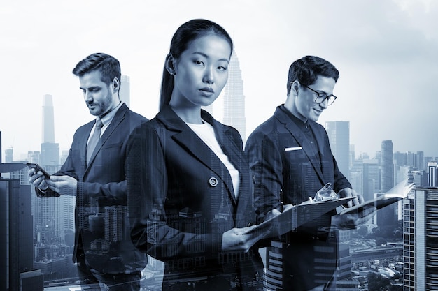 Group of three business colleagues in suits working on project together to gain new career opportunities Concept of multinational corporate team Kuala Lumpur Double exposure